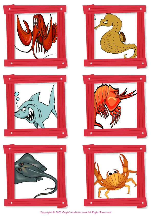 Wordless Sea Animals vocabulary worksheet with six images per page