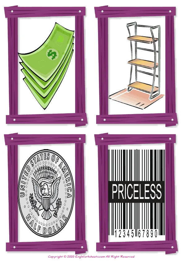 Wordless Shopping vocabulary worksheet with four images per page