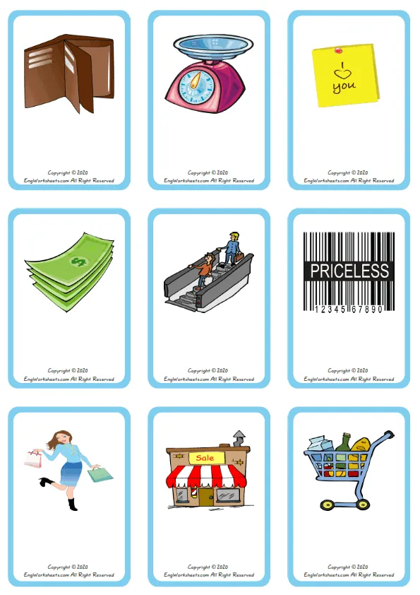 Wordless Shopping vocabulary worksheet with nine images per page
