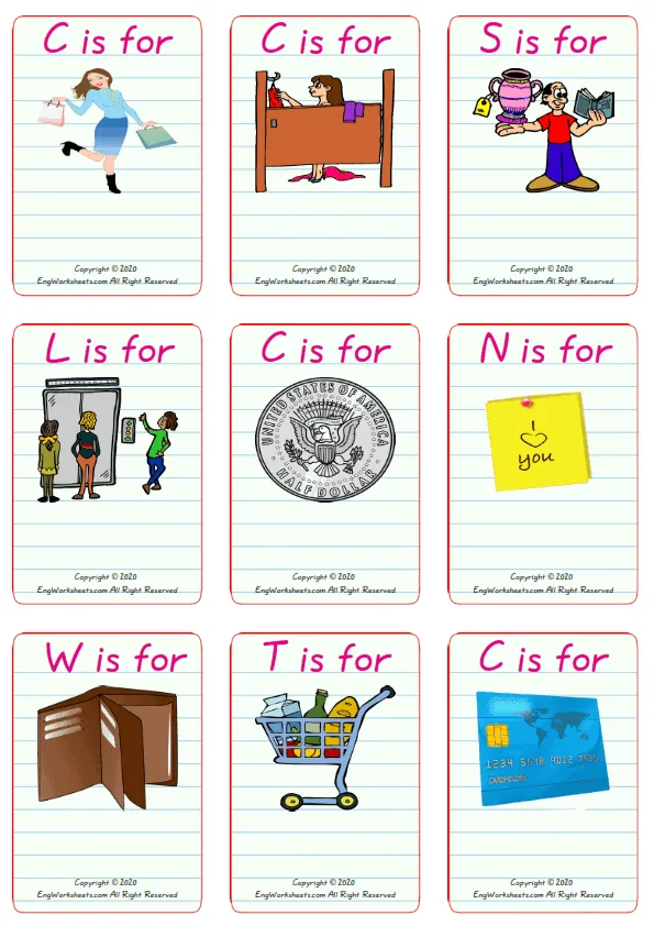Wordless Shopping vocabulary worksheet with nine images per page