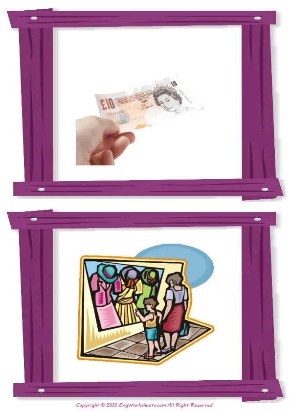 Wordless Shopping vocabulary worksheet with two images per page