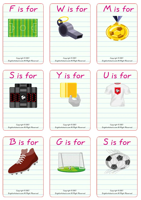 Wordless Soccer vocabulary worksheet with nine images per page