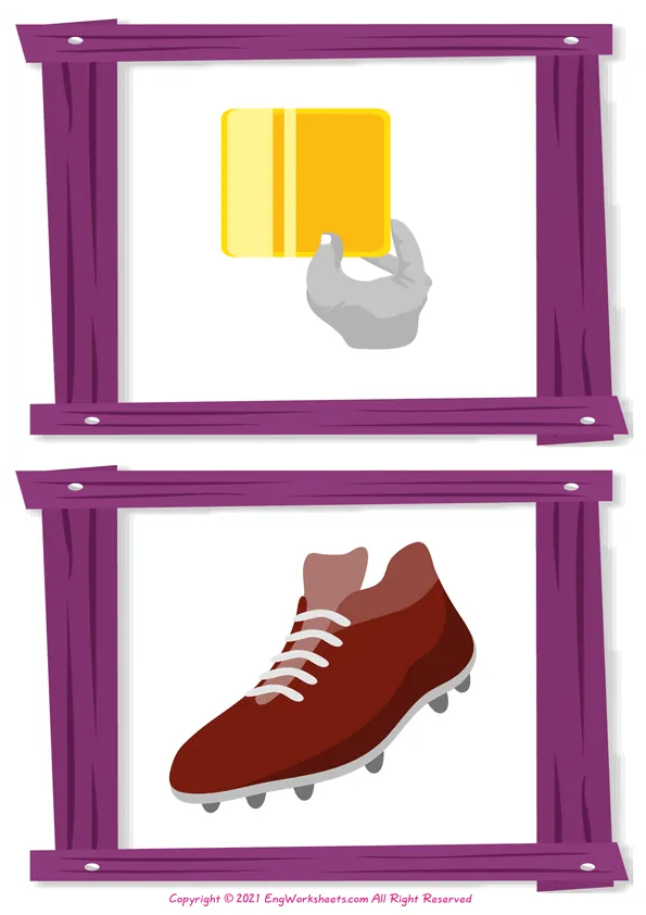 Soccer vocabulary worksheet with words, six images per page
