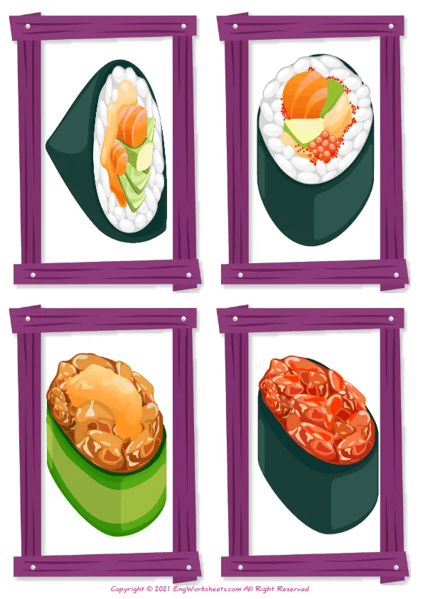Wordless Sushi vocabulary worksheet with four images per page