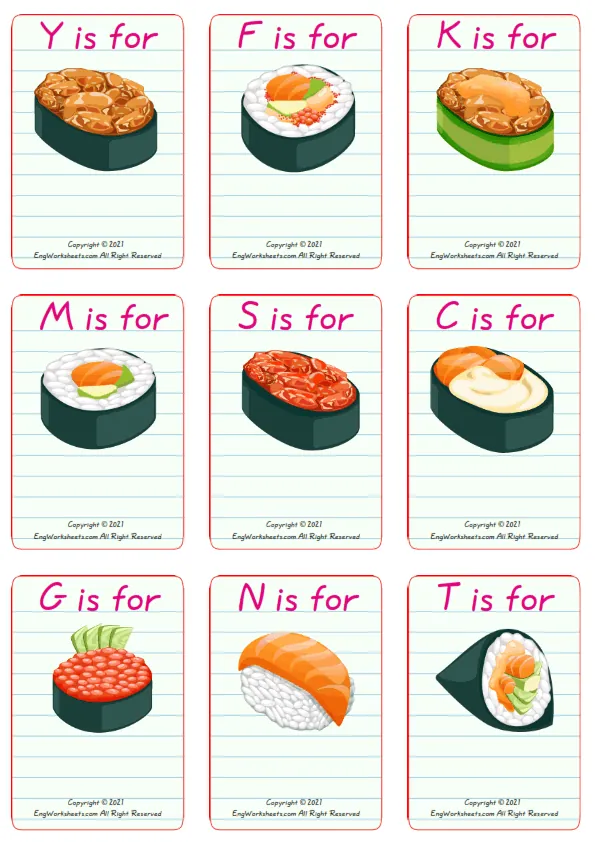 Wordless Sushi vocabulary worksheet with nine images per page