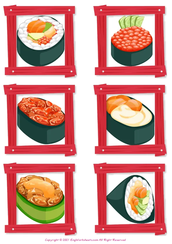 Wordless Sushi vocabulary worksheet with six images per page