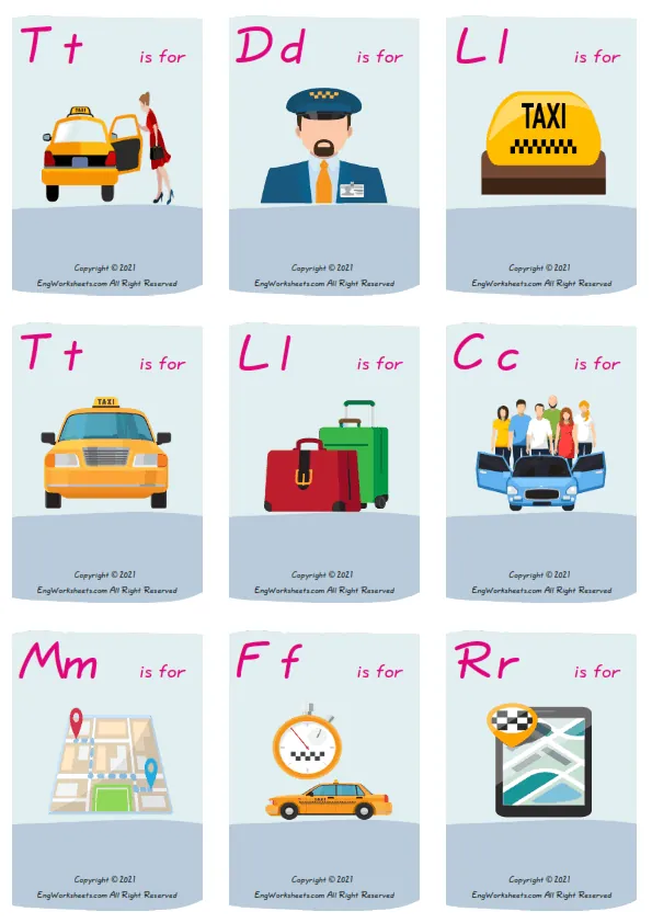 Wordless Taxi vocabulary worksheet with nine images per page