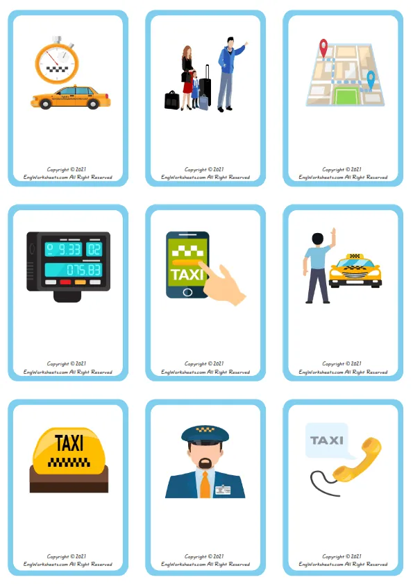 Wordless Taxi vocabulary worksheet with nine images per page