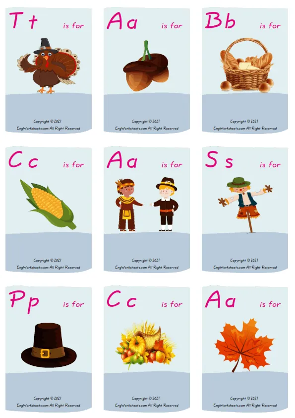 Wordless Thanksgiving vocabulary worksheet with nine images per page
