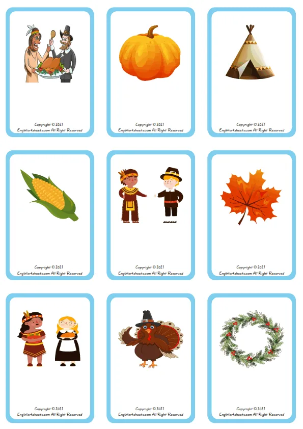 Wordless Thanksgiving vocabulary worksheet with nine images per page