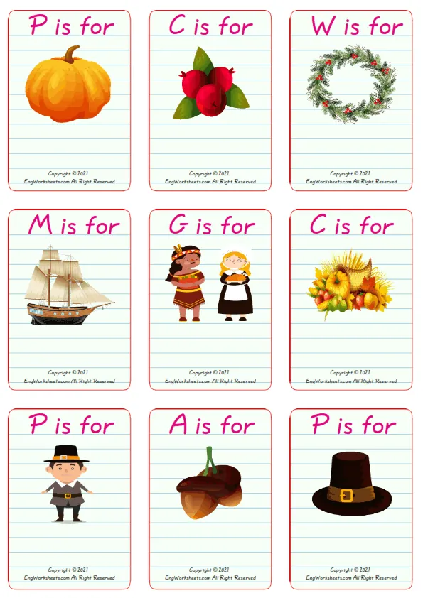 Wordless Thanksgiving vocabulary worksheet with nine images per page