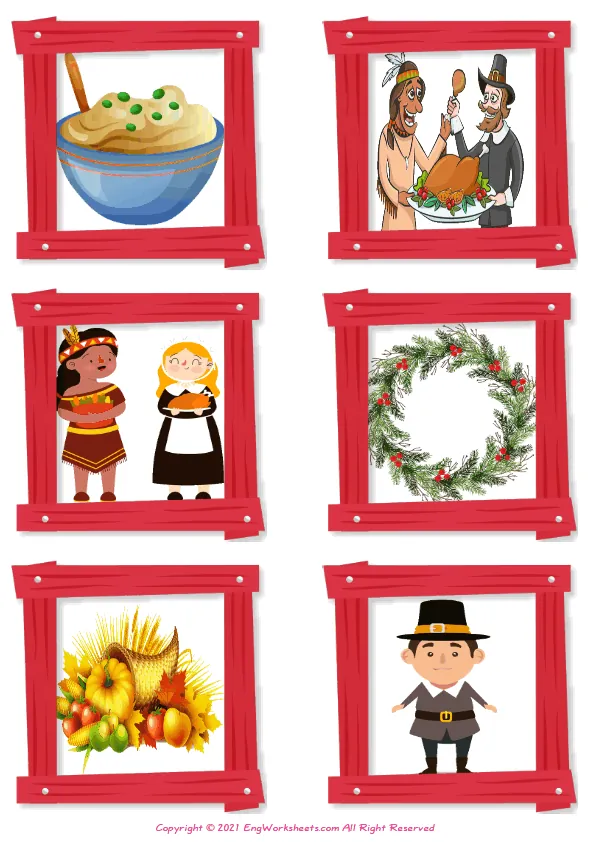 Wordless Thanksgiving vocabulary worksheet with six images per page