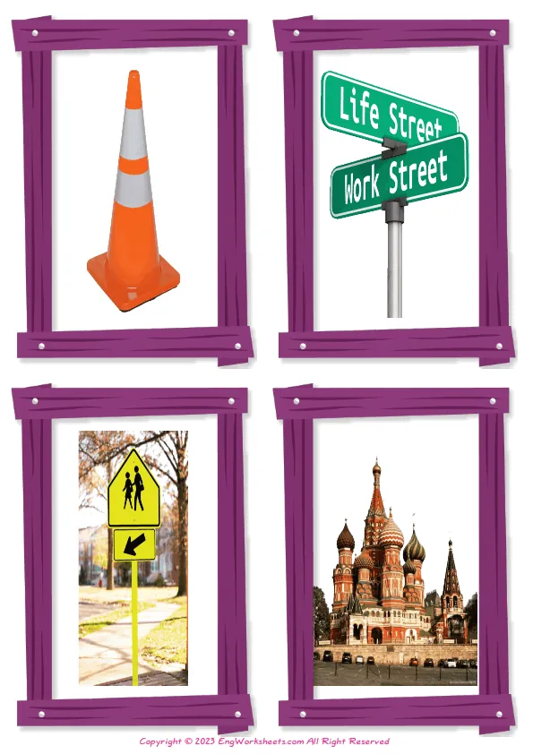 Wordless Town vocabulary worksheet with four images per page