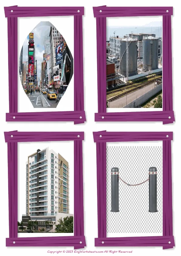 Wordless Town vocabulary worksheet with four images per page