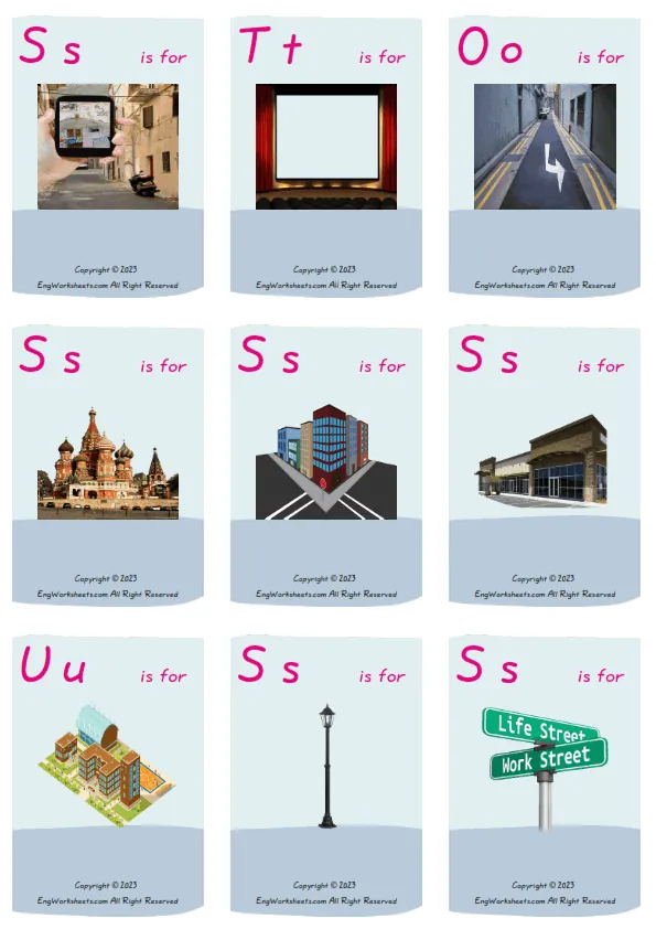 Wordless Town vocabulary worksheet with nine images per page