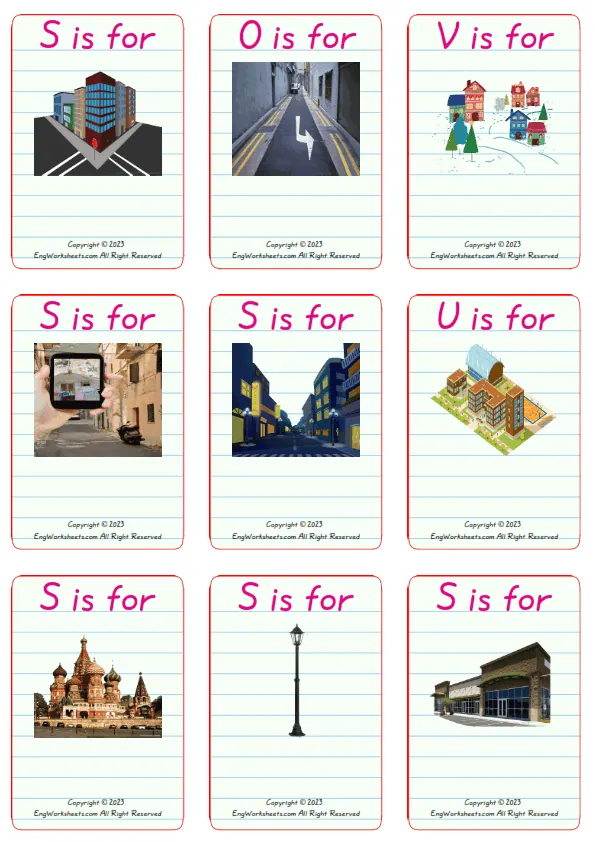 Wordless Town vocabulary worksheet with nine images per page