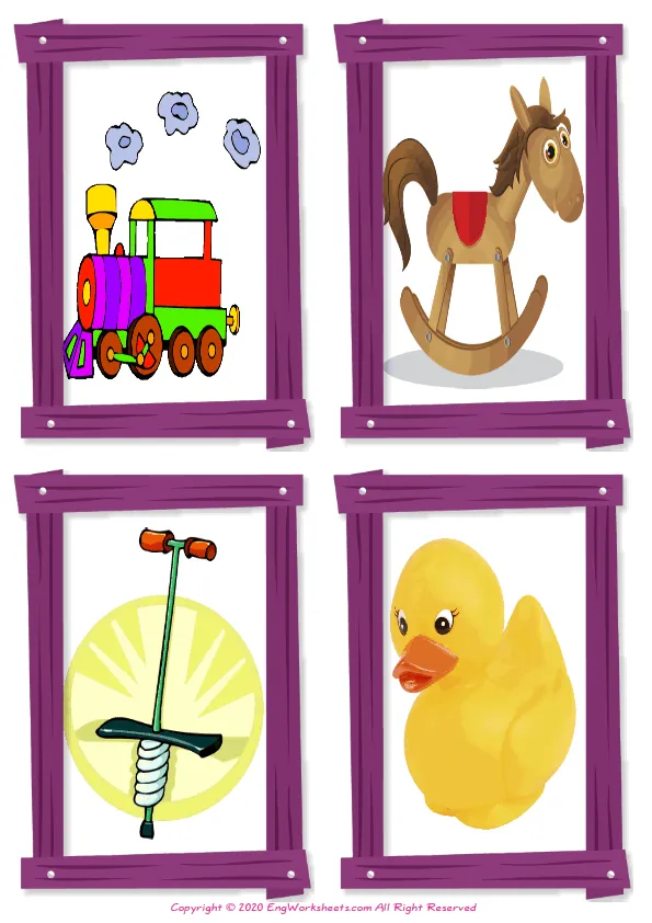 Wordless Toys vocabulary worksheet with four images per page