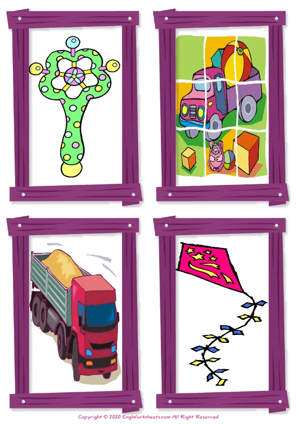 Wordless Toys vocabulary worksheet with four images per page