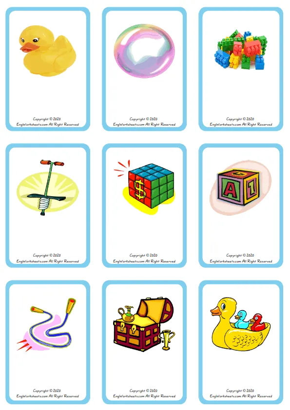 Wordless Toys vocabulary worksheet with nine images per page