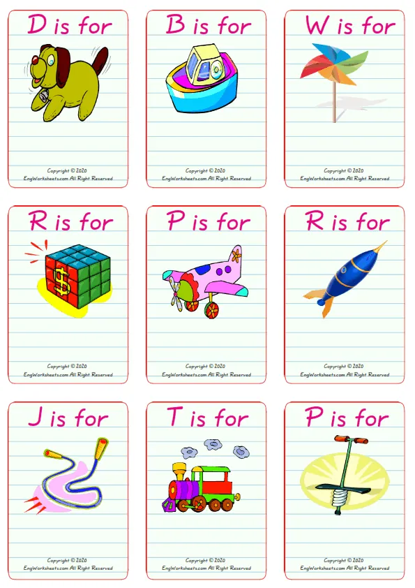 Wordless Toys vocabulary worksheet with nine images per page