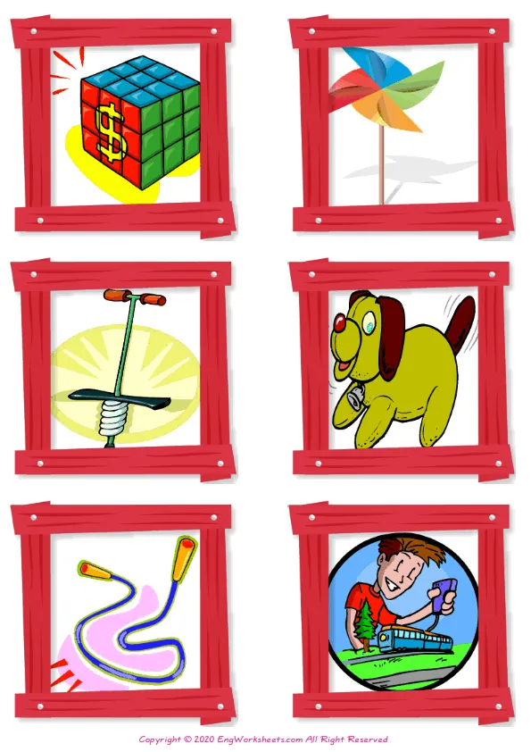 Wordless Toys vocabulary worksheet with six images per page