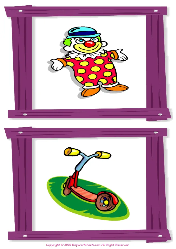 Wordless Toys vocabulary worksheet with two images per page