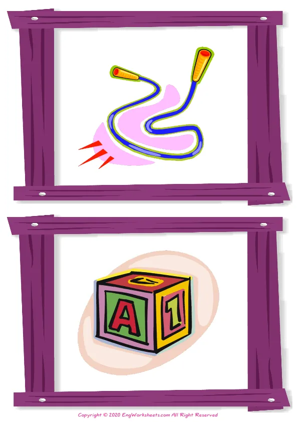 Wordless Toys vocabulary worksheet with two images per page
