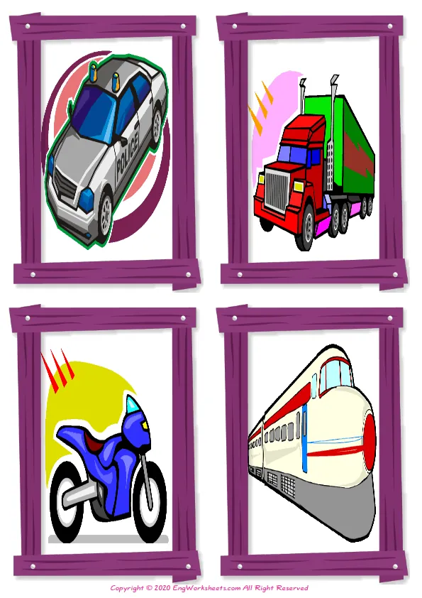 Wordless Transportation vocabulary worksheet with four images per page