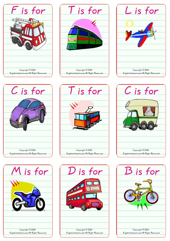 Wordless Transportation vocabulary worksheet with nine images per page