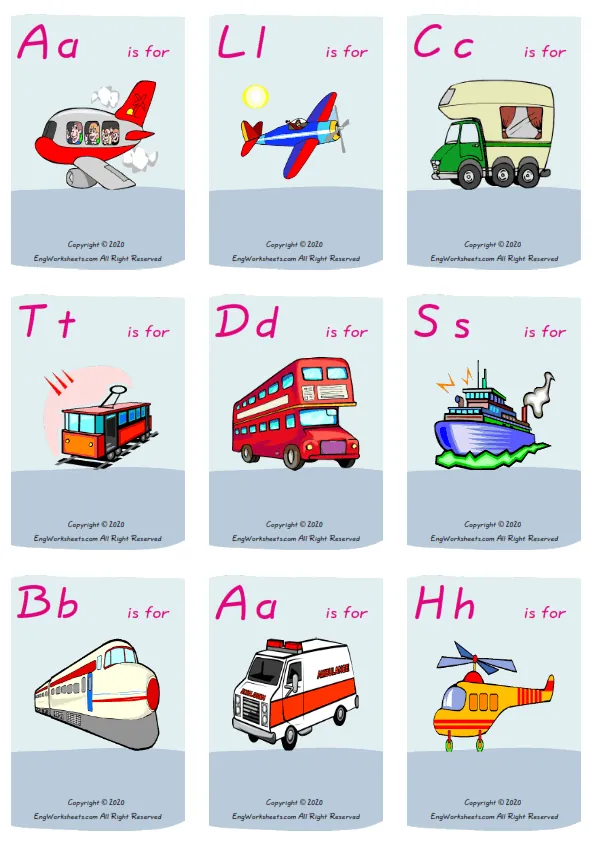 Wordless Transportation vocabulary worksheet with nine images per page