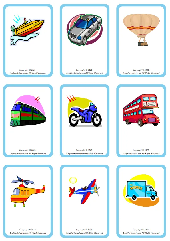 Wordless Transportation vocabulary worksheet with nine images per page