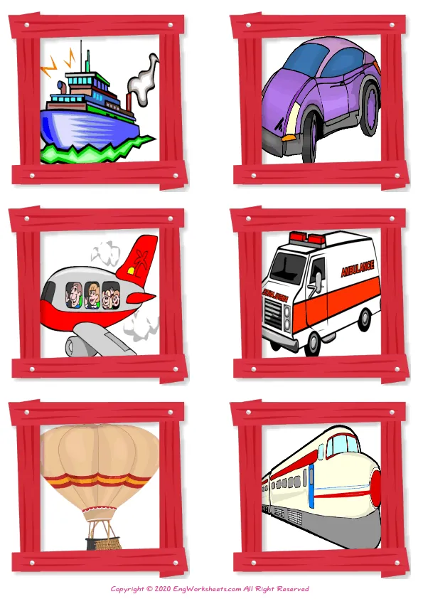 Wordless Transportation vocabulary worksheet with six images per page