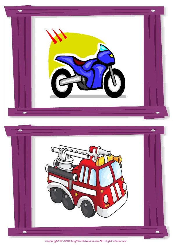Wordless Transportation vocabulary worksheet with two images per page