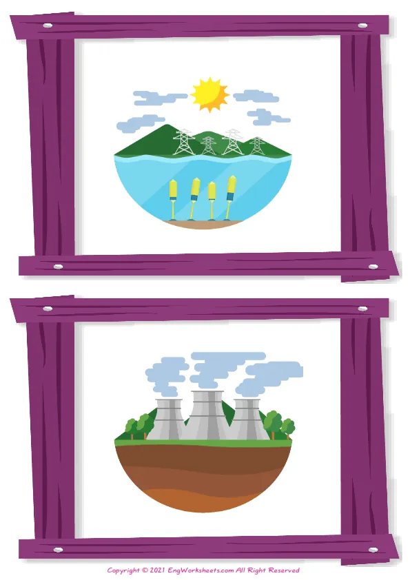 Wordless Types of Energy vocabulary worksheet with two images per page