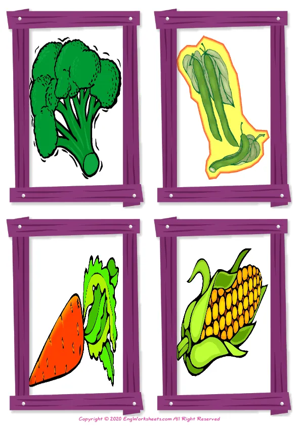Wordless Vegetables vocabulary worksheet with four images per page