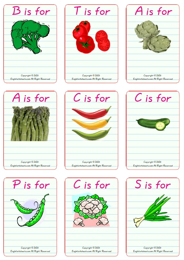 Wordless Vegetables vocabulary worksheet with nine images per page
