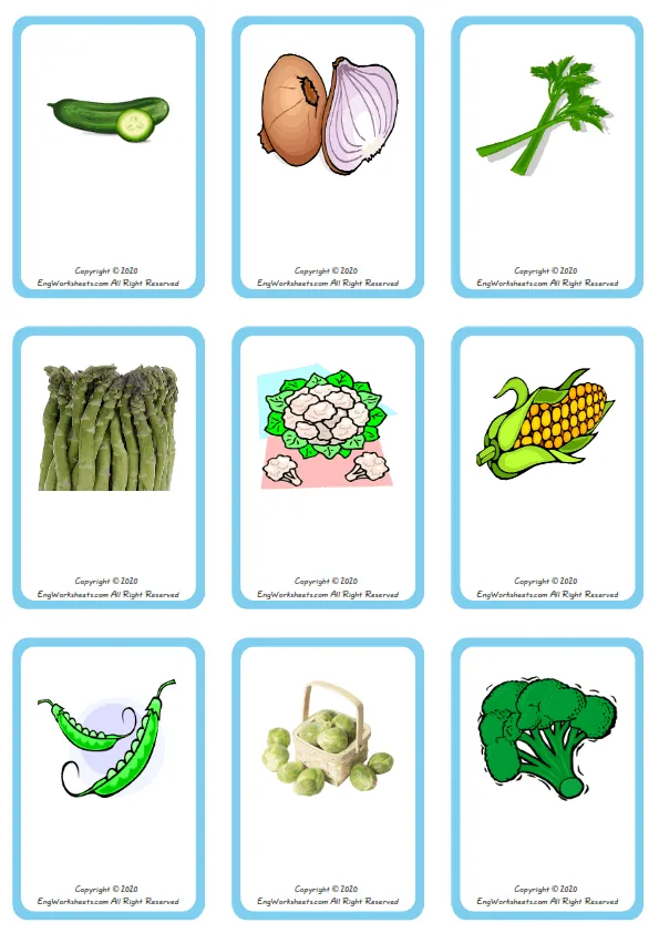 Wordless Vegetables vocabulary worksheet with nine images per page