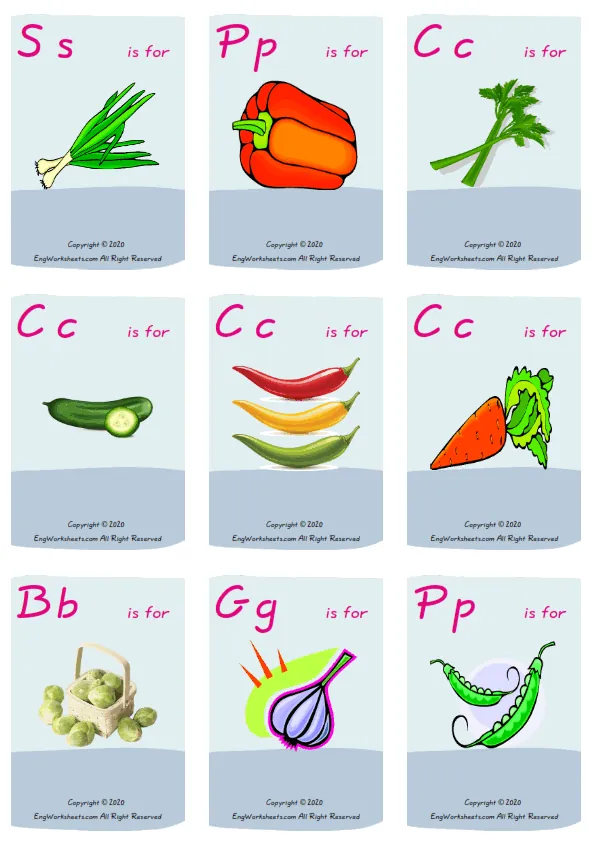 Wordless Vegetables vocabulary worksheet with nine images per page