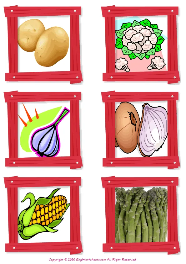 Wordless Vegetables vocabulary worksheet with six images per page