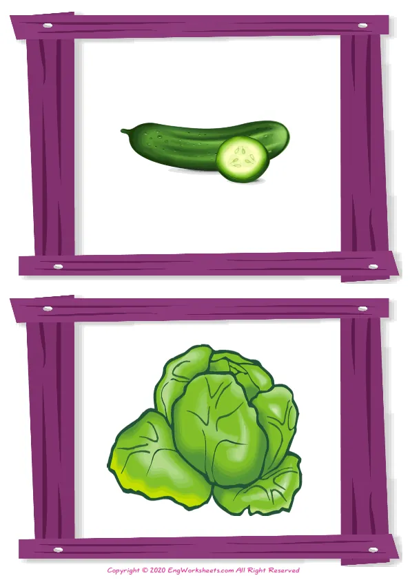 Wordless Vegetables vocabulary worksheet with two images per page