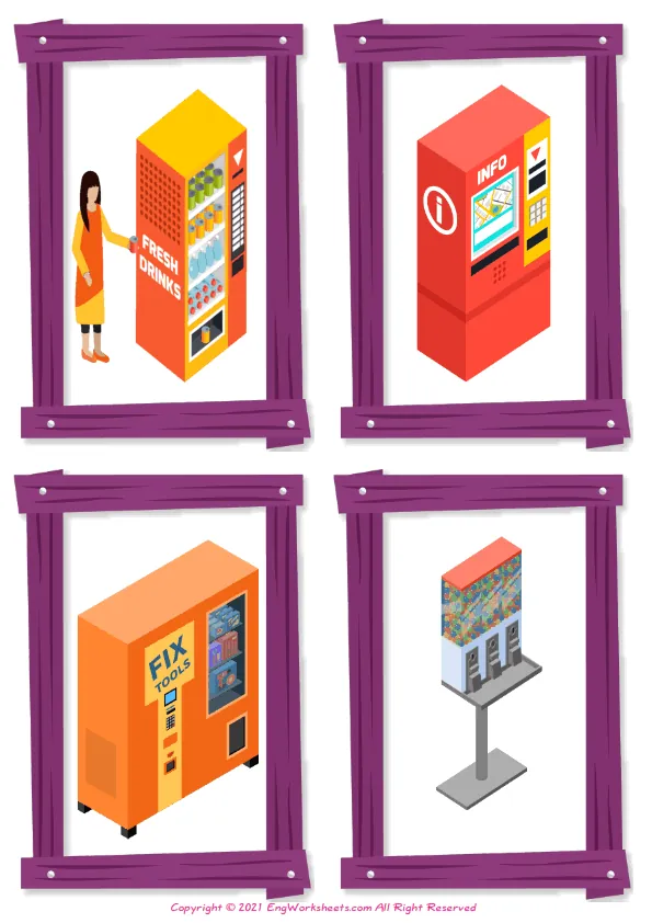 Wordless Vending Machines vocabulary worksheet with four images per page