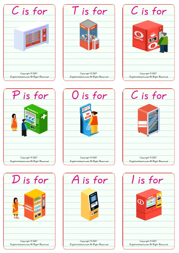 Wordless Vending Machines vocabulary worksheet with nine images per page