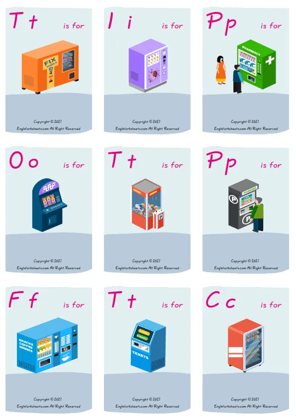 Wordless Vending Machines vocabulary worksheet with nine images per page
