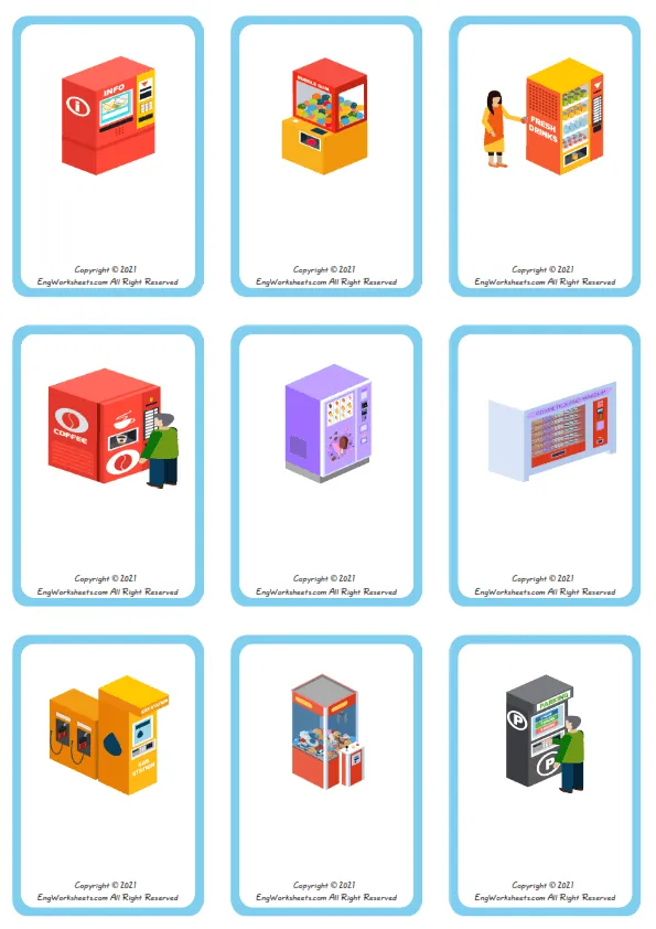 Wordless Vending Machines vocabulary worksheet with nine images per page