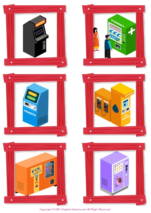 Wordless Vending Machines vocabulary worksheet with six images per page
