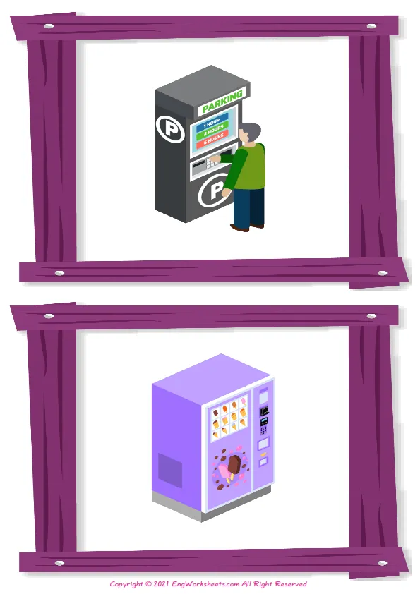 Wordless Vending Machines vocabulary worksheet with two images per page
