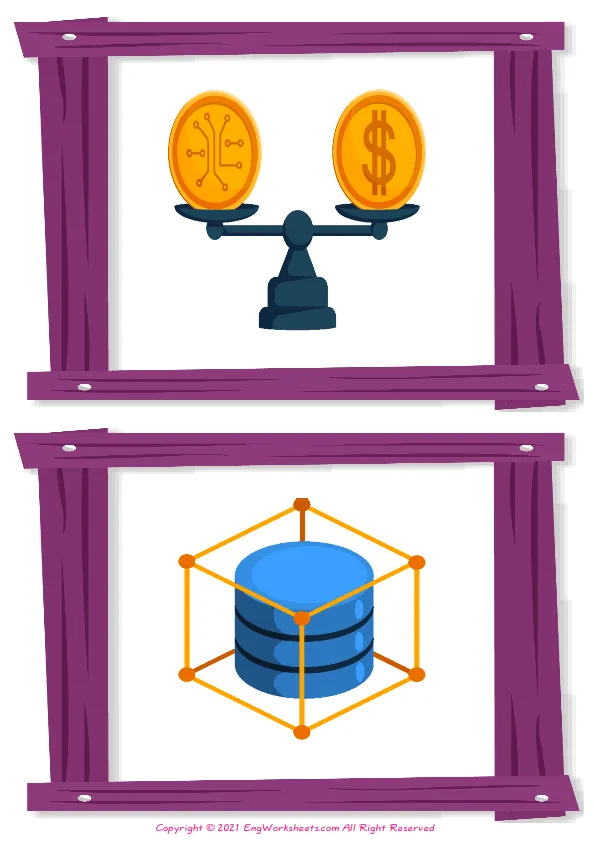 Wordless Virtual Currency vocabulary worksheet with two images per page