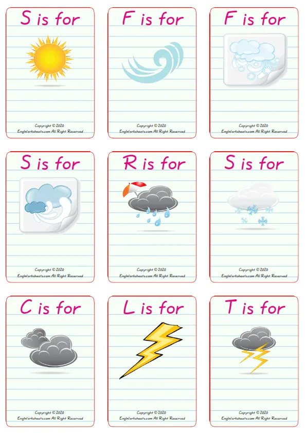 Wordless Weather vocabulary worksheet with nine images per page