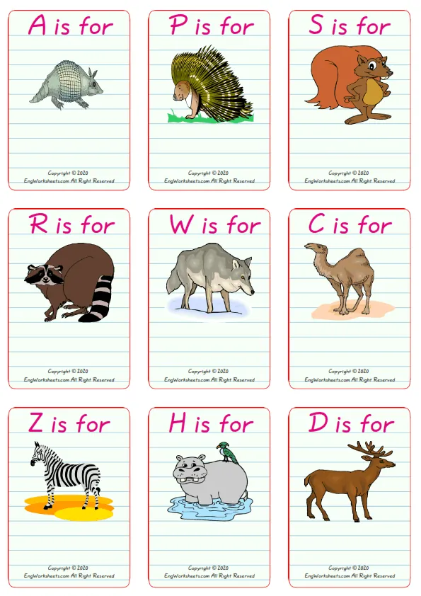Wordless Wild Animals vocabulary worksheet with nine images per page