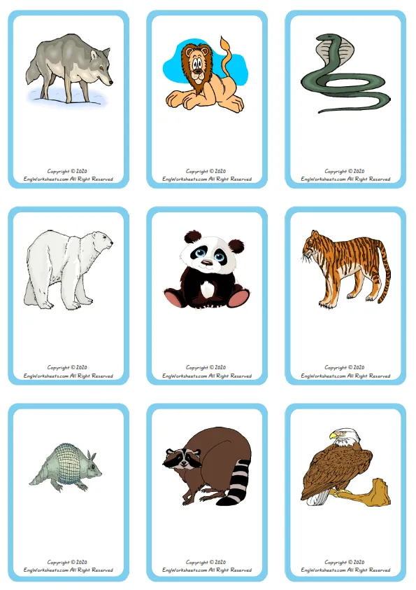 Wordless Wild Animals vocabulary worksheet with nine images per page